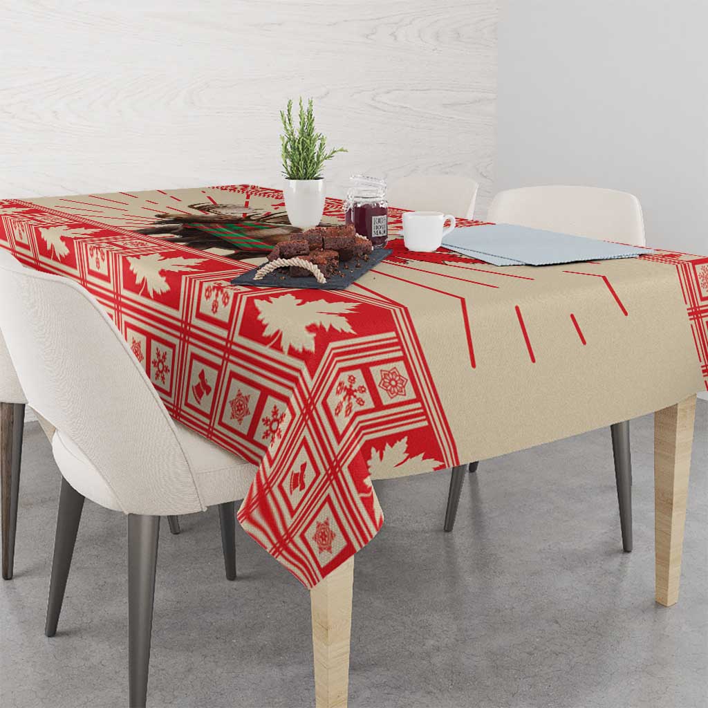 Red Christmas tablecloth with moose centerpiece and maple leaf motif
