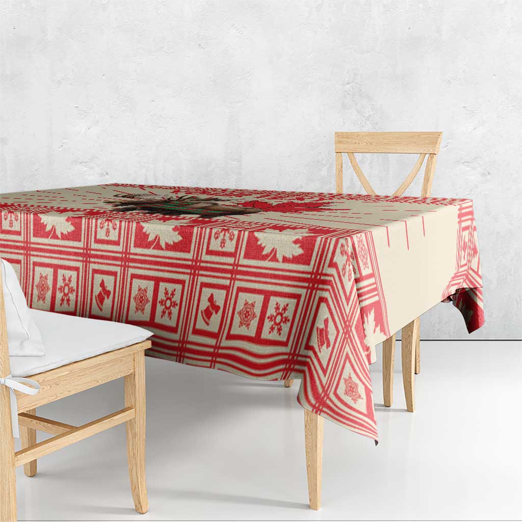 Red Christmas tablecloth with border pattern of moose and maple leaves