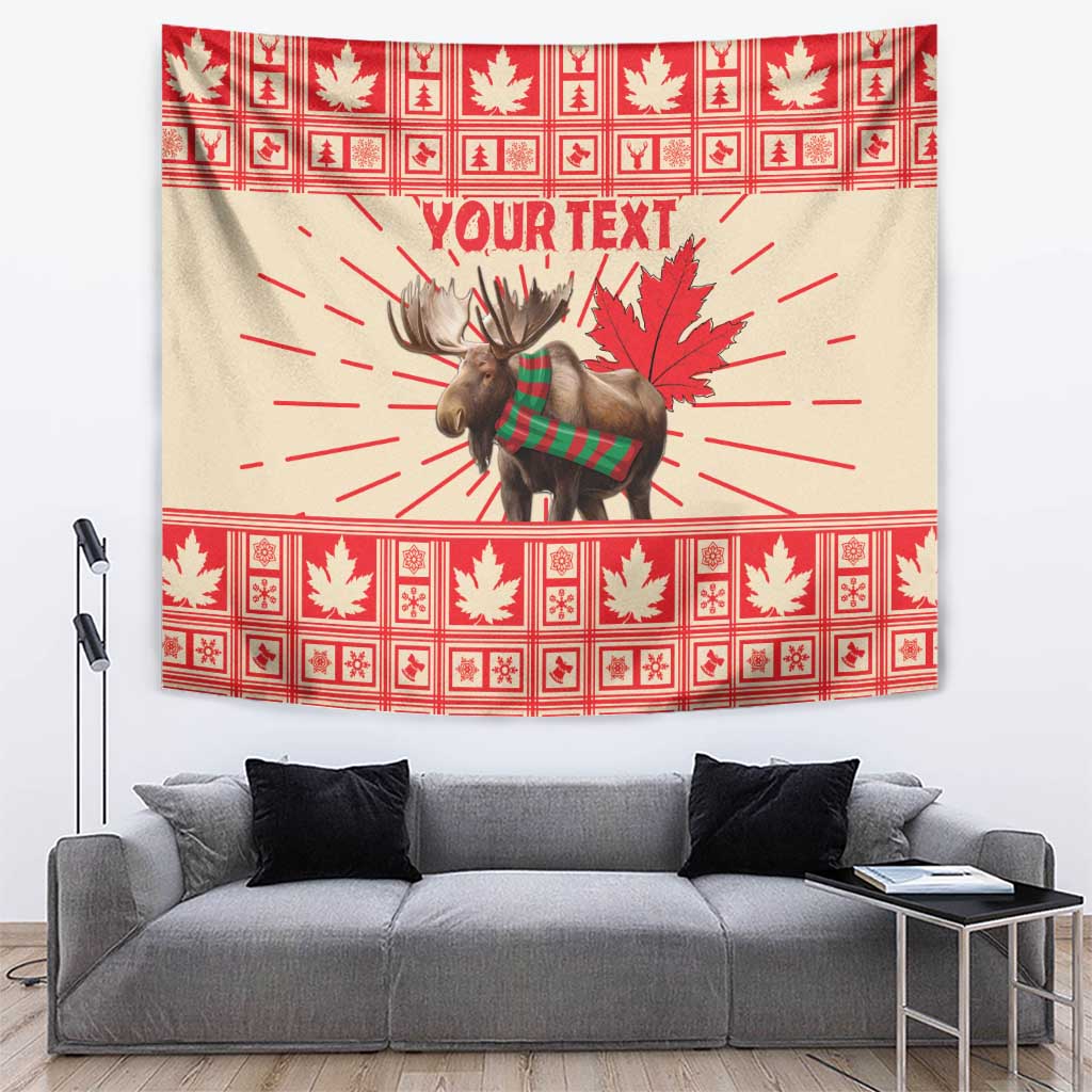 Personalized Christmas moose tapestry with red maple leaf border and custom text