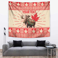 Personalized Christmas moose tapestry with red maple leaf border and custom text
