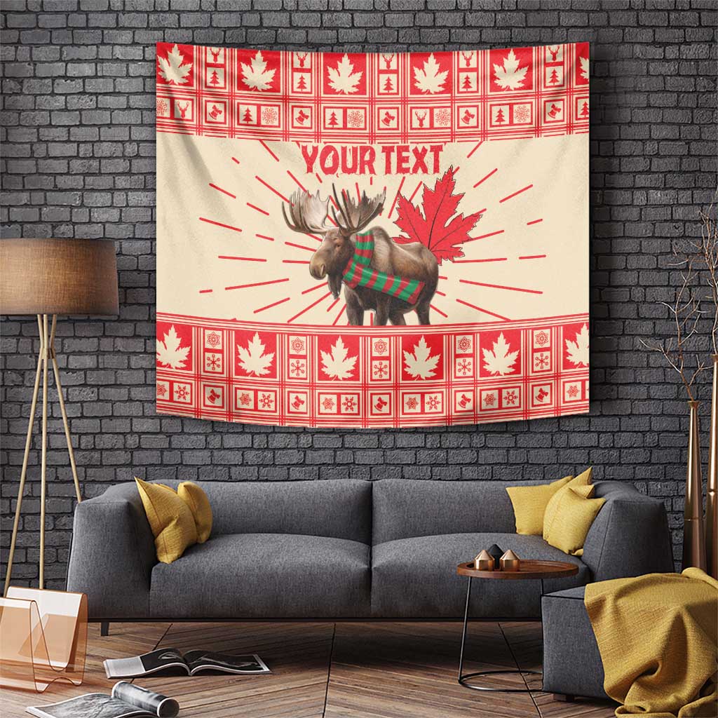 Personalized Christmas moose wall tapestry with red patterns, maple leaves, and custom text