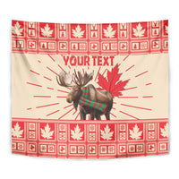 Personalized Christmas moose tapestry with red maple leaf burst and custom text, full view