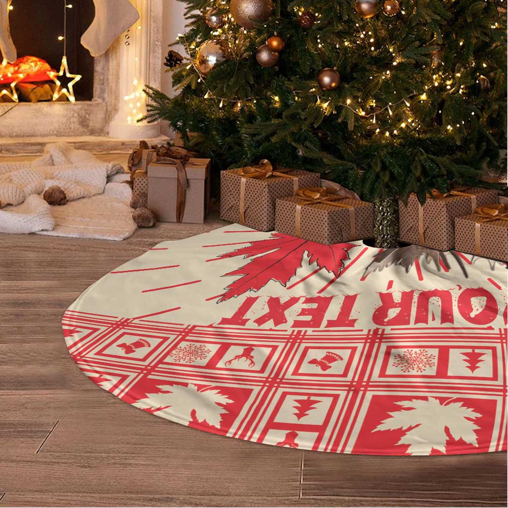 Red circular Christmas tree skirt with Canadian moose and maple leaf pattern
