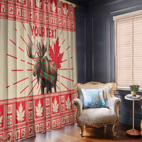 Red and cream Canadian moose window curtain with maple leaf burst and hanging text