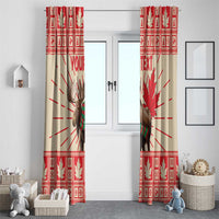 Red and cream Canadian moose window curtain set with maple leaf grid border