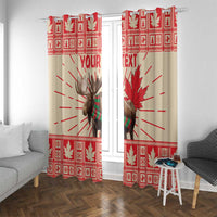 Red and cream Canadian moose window curtain panels with maple leaf border and window