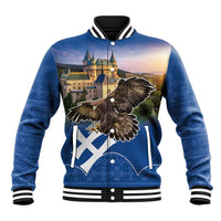 Blue baseball jacket with striped collar, eagle, castle and cross-flag print
