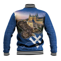 Blue baseball jacket with striped collar, eagle over castle, cross-flag back print