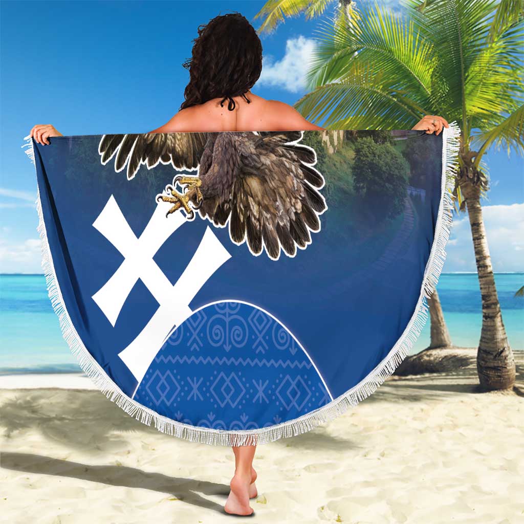 Round beach blanket, dark blue eagle motif with white X pattern and circular geometric design