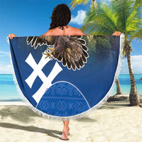 Round beach blanket, dark blue eagle motif with white X pattern and circular geometric design