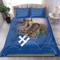Blue duvet bedding set with eagle and castle print, plus two matching geometric pillow covers