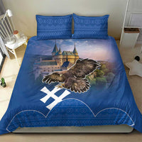 Blue eagle-and-castle duvet cover bedding set with two square blue patterned pillow covers