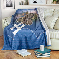 Blue blanket with castle and golden eagle, white cross motifs and Slovak-style pattern