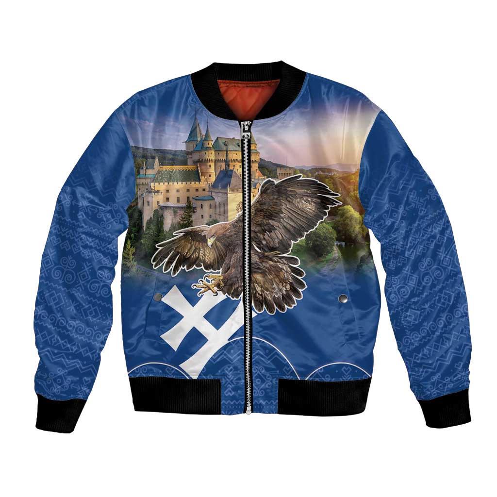 Blue bomber jacket with zip front, eagle and castle print, Slovak cross flag