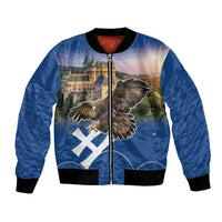 Blue bomber jacket with zip front, eagle and castle print, Slovak cross flag