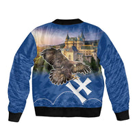 Blue bomber jacket back view with eagle graphic over castle, Slovak cross flag