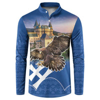 Blue button-up sweatshirt with eagle graphic, castle scene, and white Slovak pattern