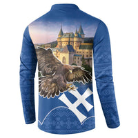 Blue button-up sweatshirt with back eagle graphic, castle print, and white pattern