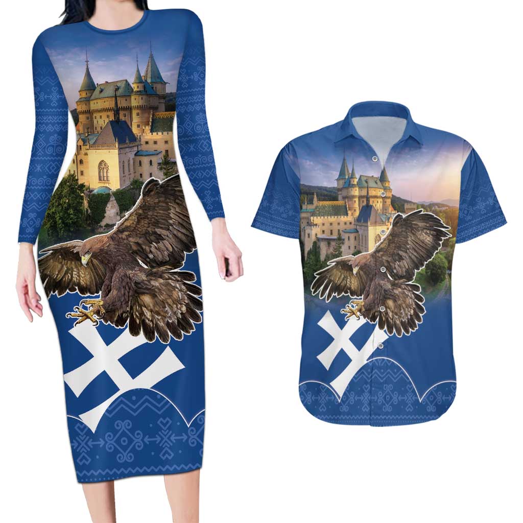 Slovakia Bojnice Castle Couples Matching Long Sleeve Bodycon Dress and Hawaiian Shirt Golden Eagle With Slovak Pattern - Wonder Print Shop