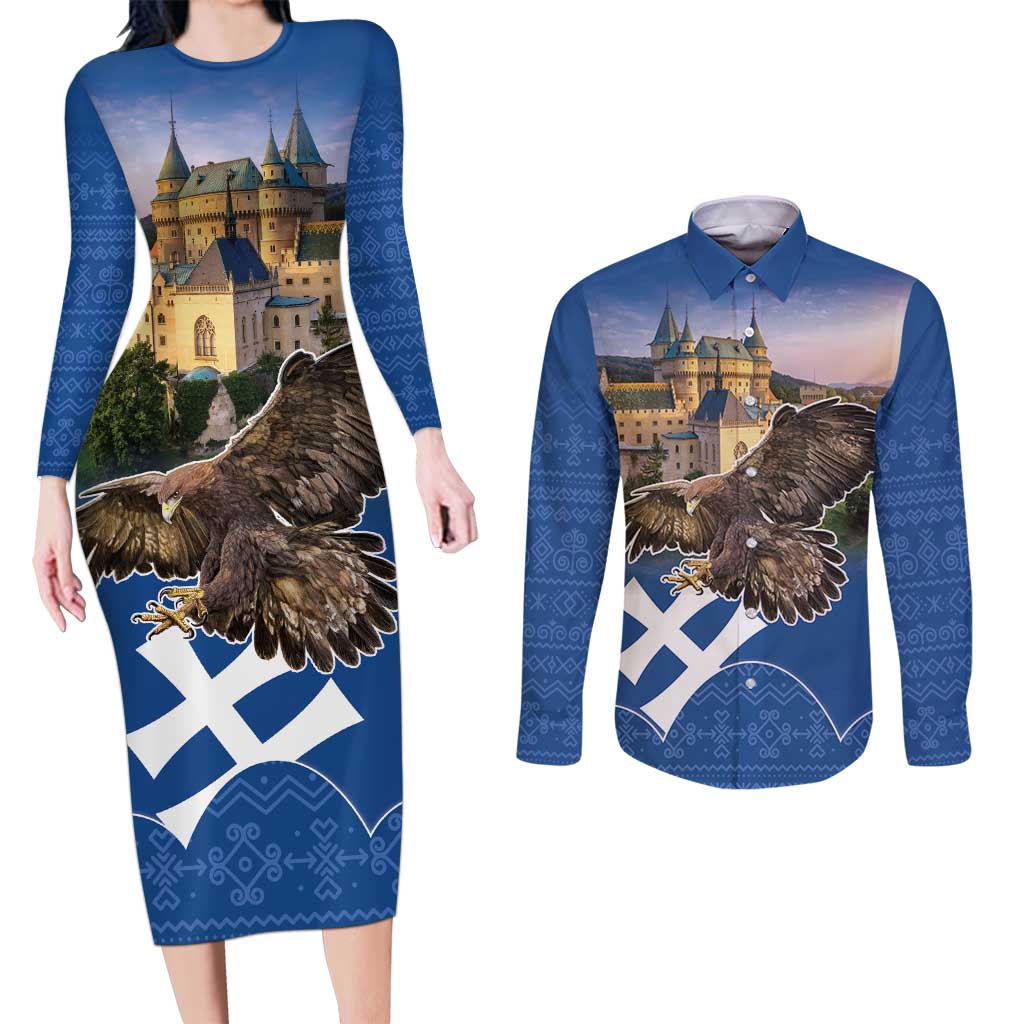 Slovakia Bojnice Castle Couples Matching Long Sleeve Bodycon Dress and Long Sleeve Button Shirt Golden Eagle With Slovak Pattern - Wonder Print Shop