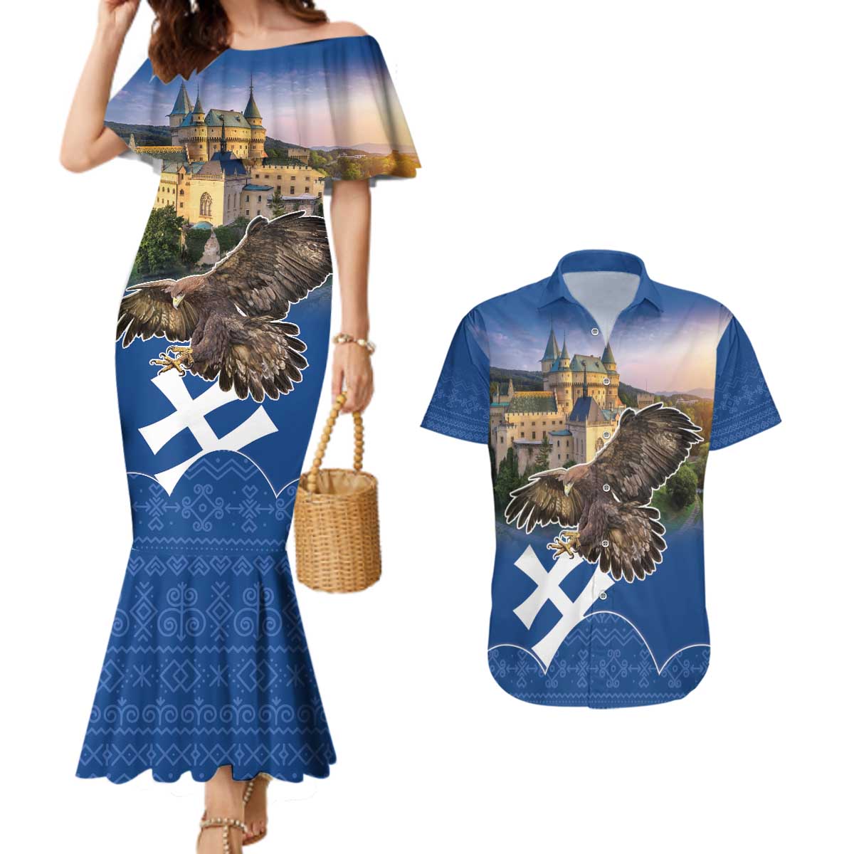 Slovakia Bojnice Castle Couples Matching Mermaid Dress and Hawaiian Shirt Golden Eagle With Slovak Pattern - Wonder Print Shop