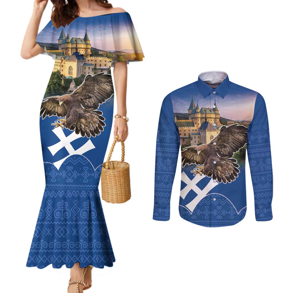 Slovakia Bojnice Castle Couples Matching Mermaid Dress and Long Sleeve Button Shirt Golden Eagle With Slovak Pattern