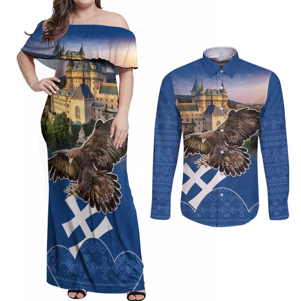 Slovakia Bojnice Castle Couples Matching Off Shoulder Maxi Dress and Long Sleeve Button Shirt Golden Eagle With Slovak Pattern - Wonder Print Shop