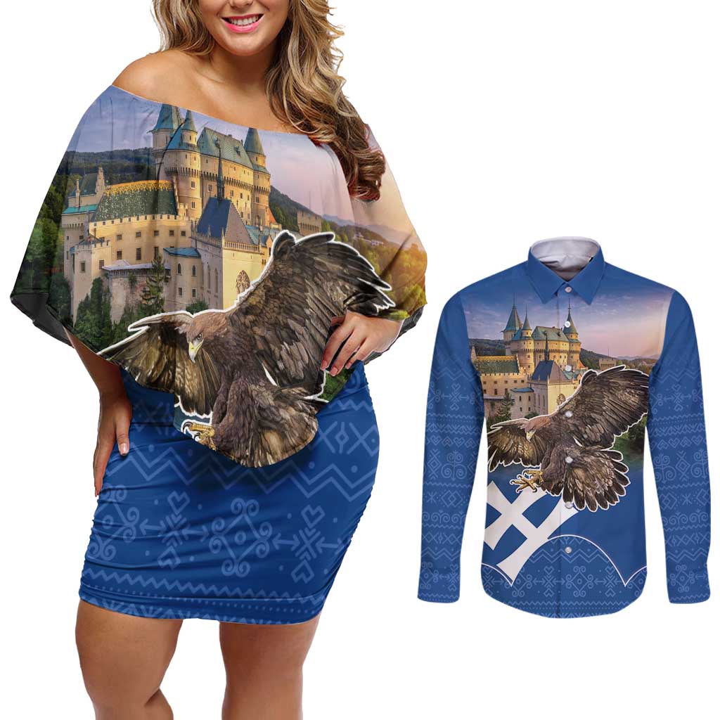 Slovakia Bojnice Castle Couples Matching Off Shoulder Short Dress and Long Sleeve Button Shirt Golden Eagle With Slovak Pattern - Wonder Print Shop