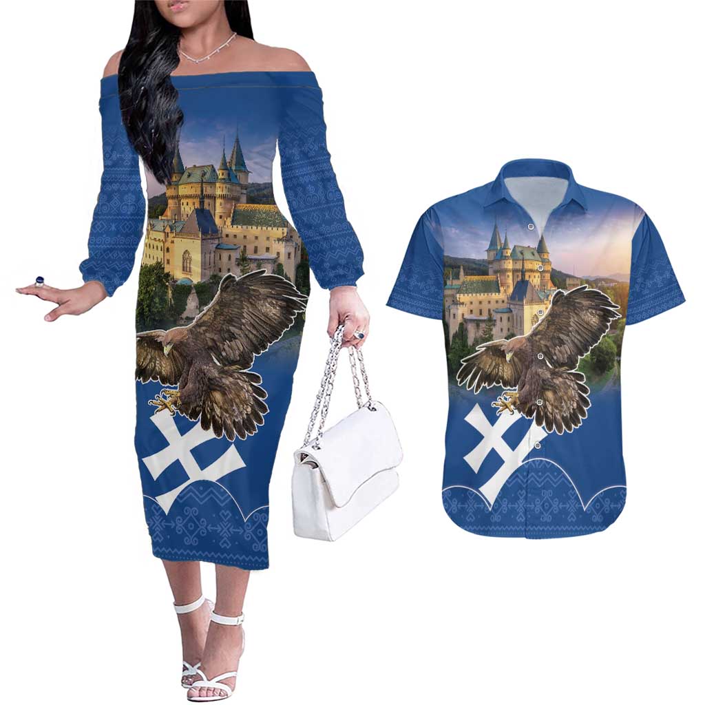 Slovakia Bojnice Castle Couples Matching Off The Shoulder Long Sleeve Dress and Hawaiian Shirt Golden Eagle With Slovak Pattern - Wonder Print Shop