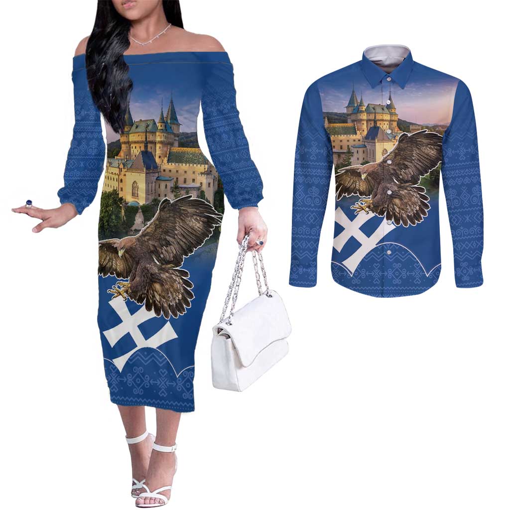 Slovakia Bojnice Castle Couples Matching Off The Shoulder Long Sleeve Dress and Long Sleeve Button Shirt Golden Eagle With Slovak Pattern