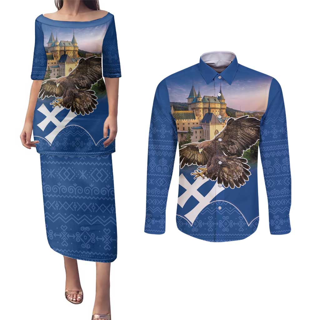 Slovakia Bojnice Castle Couples Matching Puletasi and Long Sleeve Button Shirt Golden Eagle With Slovak Pattern - Wonder Print Shop