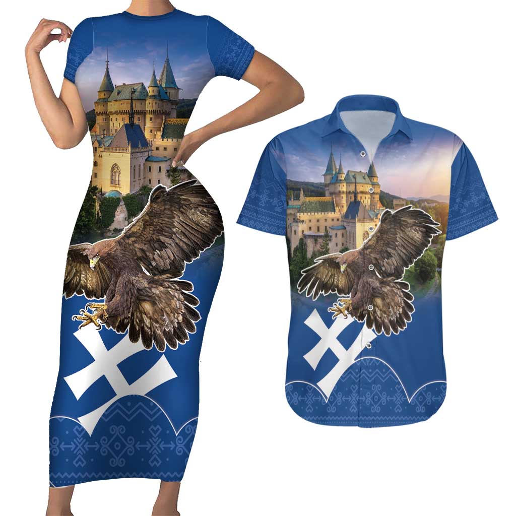 Slovakia Bojnice Castle Couples Matching Short Sleeve Bodycon Dress and Hawaiian Shirt Golden Eagle With Slovak Pattern - Wonder Print Shop