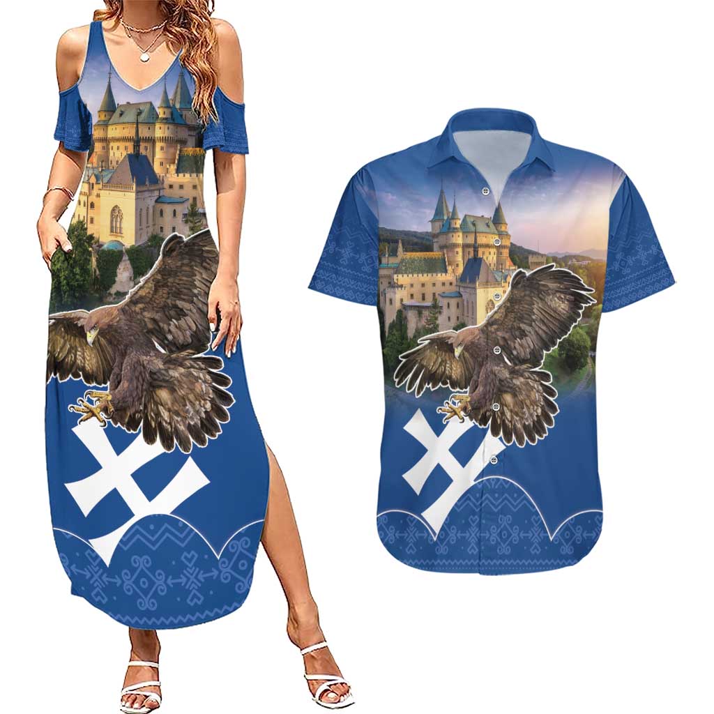 Slovakia Bojnice Castle Couples Matching Summer Maxi Dress and Hawaiian Shirt Golden Eagle With Slovak Pattern - Wonder Print Shop