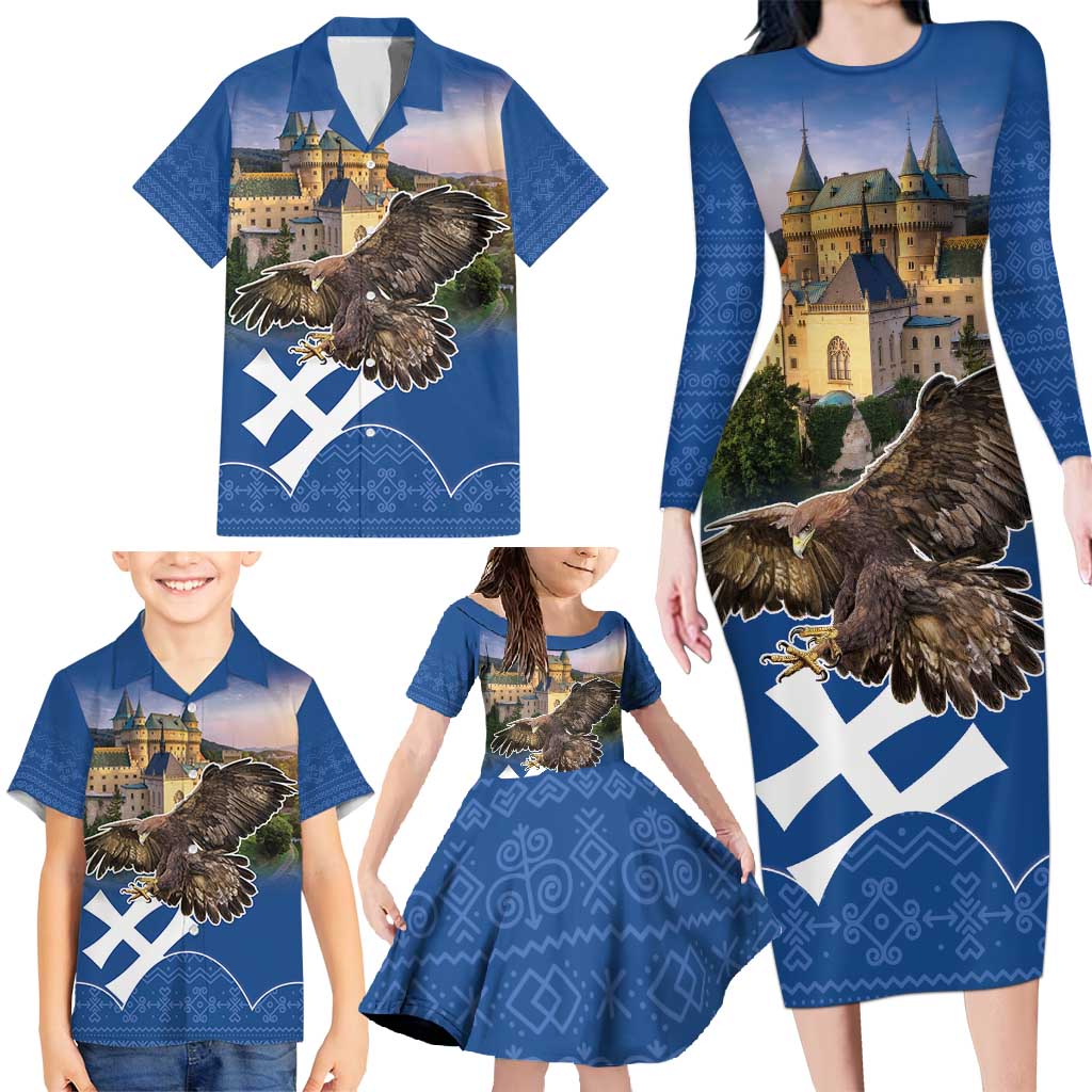 Slovakia Bojnice Castle Family Matching Long Sleeve Bodycon Dress and Hawaiian Shirt Golden Eagle With Slovak Pattern - Wonder Print Shop