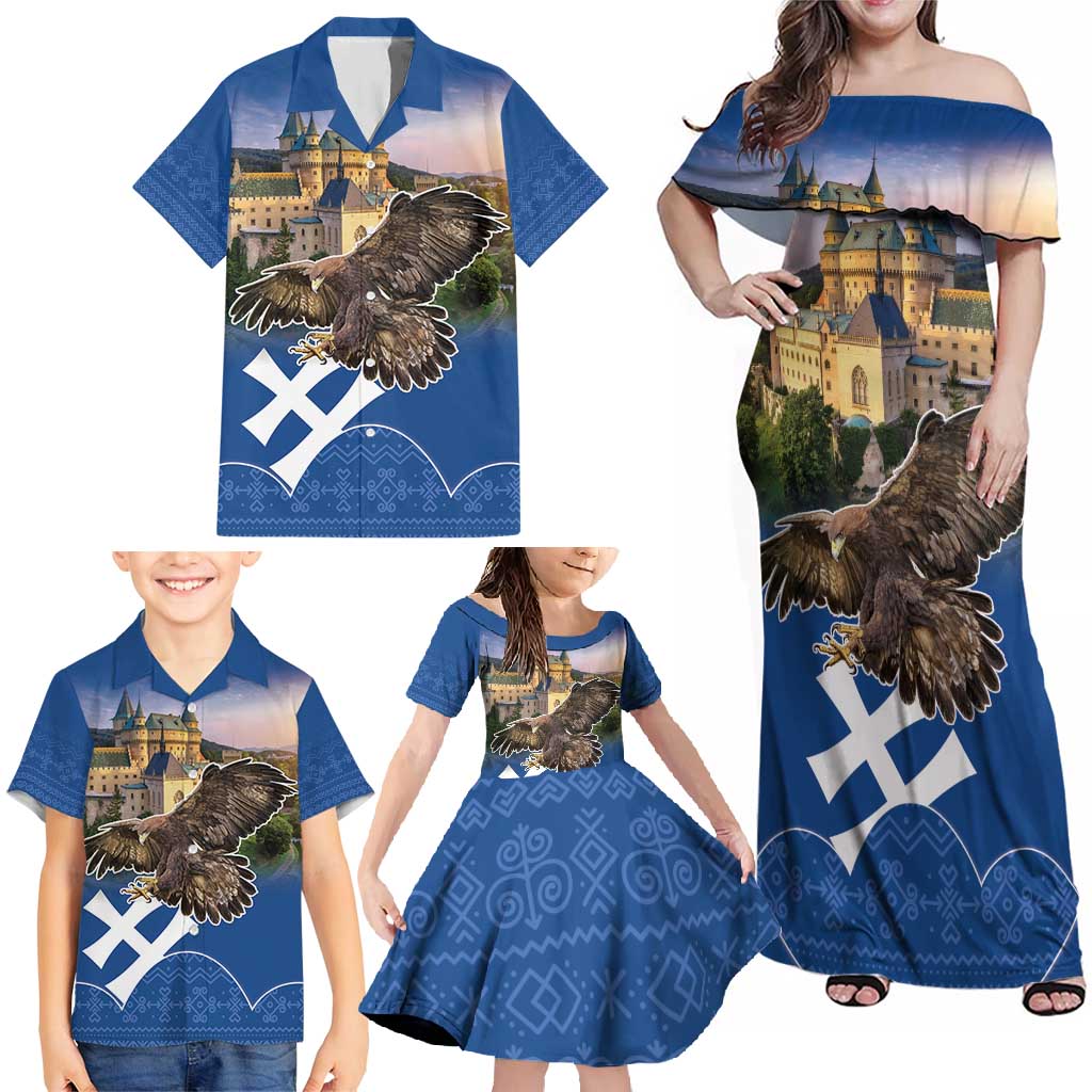 Slovakia Bojnice Castle Family Matching Off Shoulder Maxi Dress and Hawaiian Shirt Golden Eagle With Slovak Pattern - Wonder Print Shop