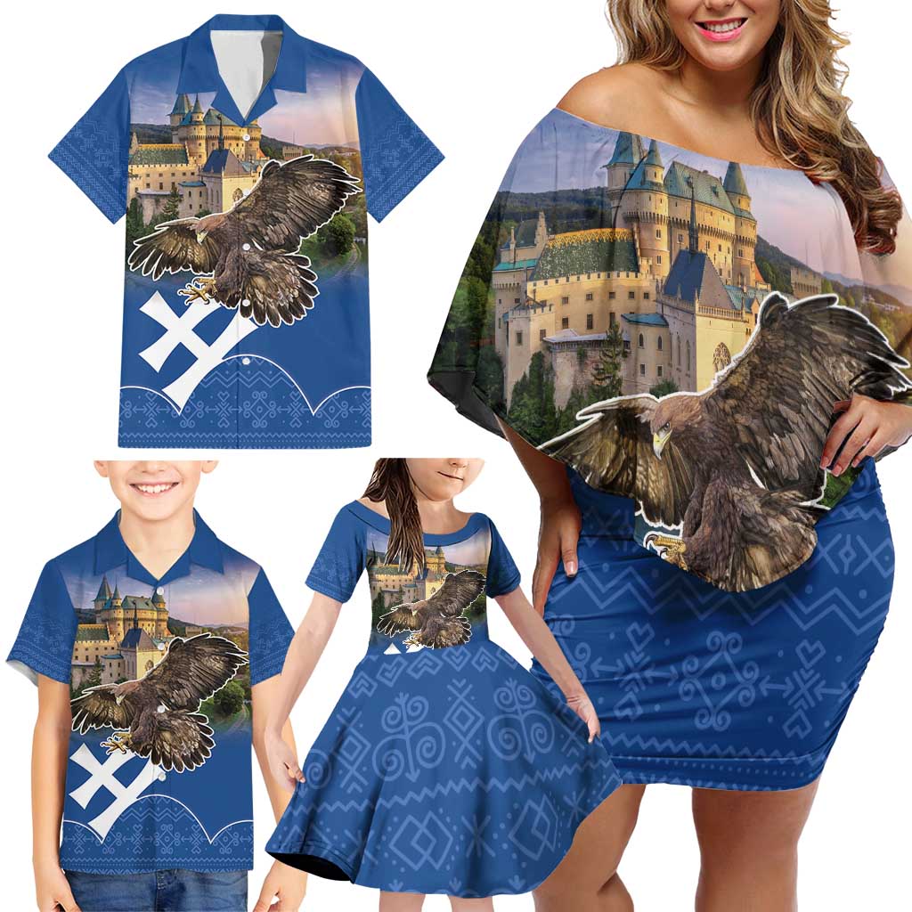 Slovakia Bojnice Castle Family Matching Off Shoulder Short Dress and Hawaiian Shirt Golden Eagle With Slovak Pattern - Wonder Print Shop