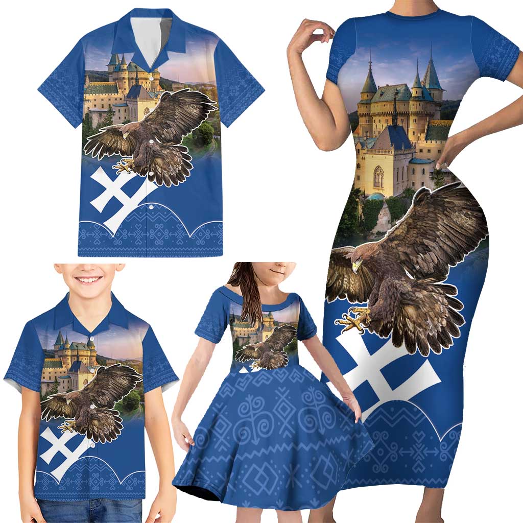 Slovakia Bojnice Castle Family Matching Short Sleeve Bodycon Dress and Hawaiian Shirt Golden Eagle With Slovak Pattern - Wonder Print Shop