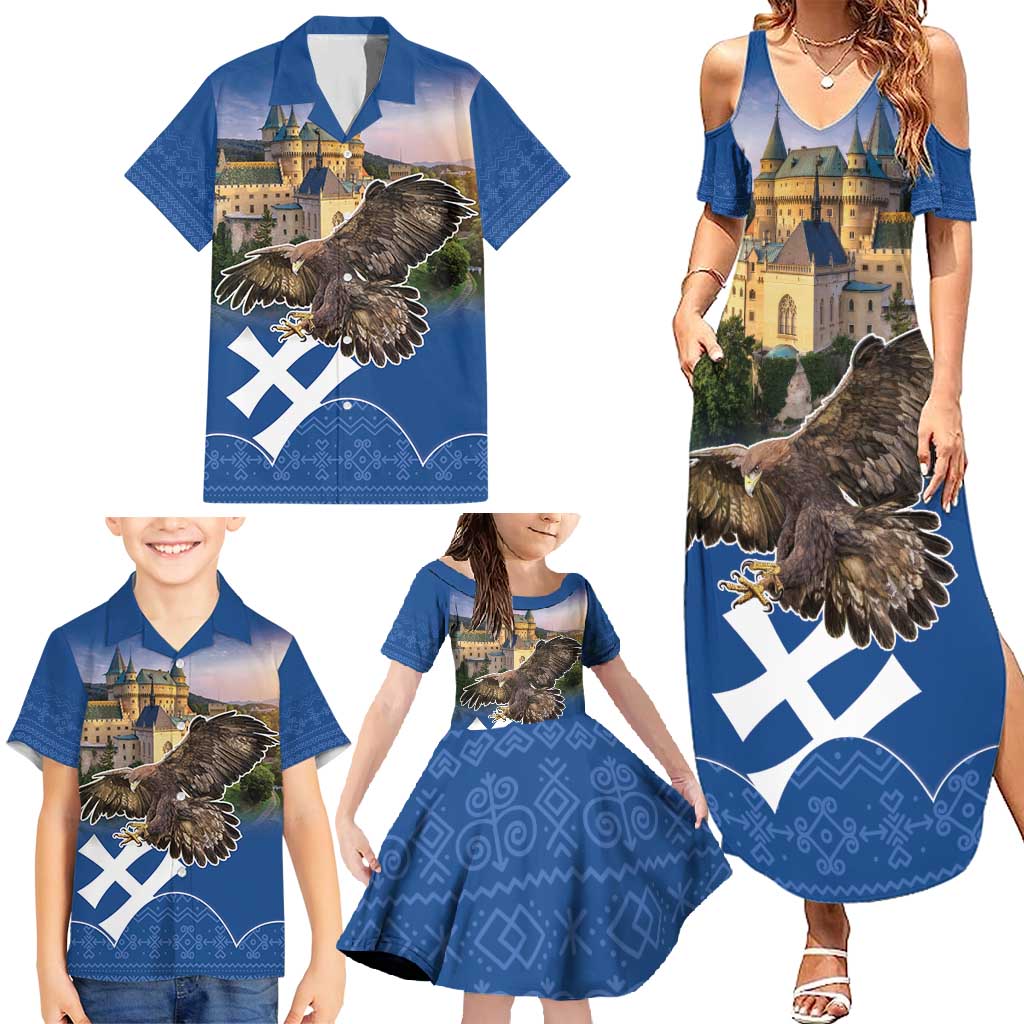 Slovakia Bojnice Castle Family Matching Summer Maxi Dress and Hawaiian Shirt Golden Eagle With Slovak Pattern - Wonder Print Shop