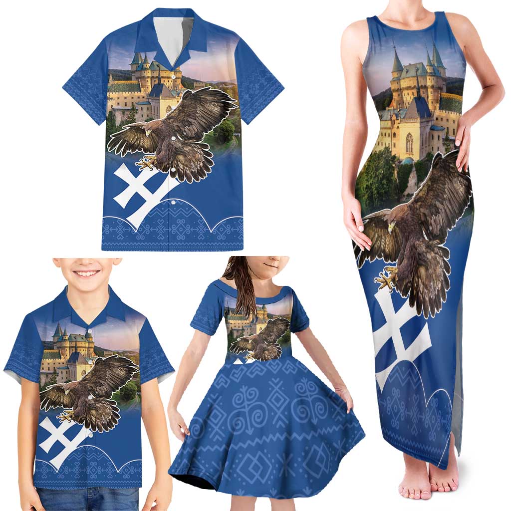 Slovakia Bojnice Castle Family Matching Tank Maxi Dress and Hawaiian Shirt Golden Eagle With Slovak Pattern - Wonder Print Shop