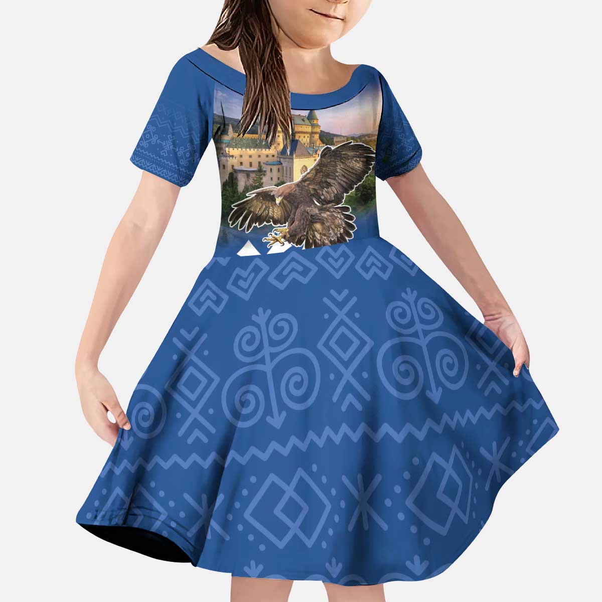 Slovakia Bojnice Castle Kid Short Sleeve Dress Golden Eagle With Slovak Pattern - Wonder Print Shop