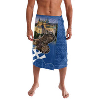 Blue knee-length lavalava with eagle and castle print, white emblem and patterns