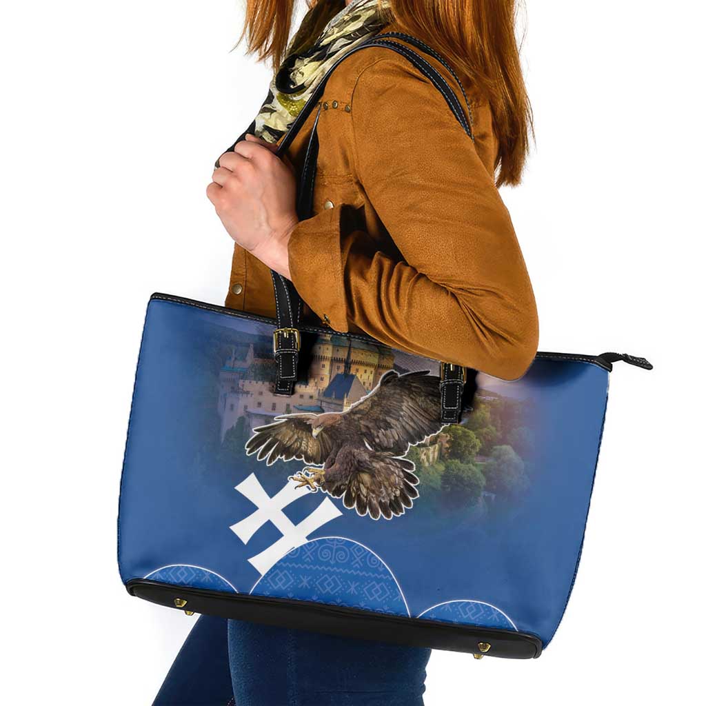 Slovakia Bojnice Castle Leather Tote Bag Golden Eagle With Slovak Pattern - Wonder Print Shop