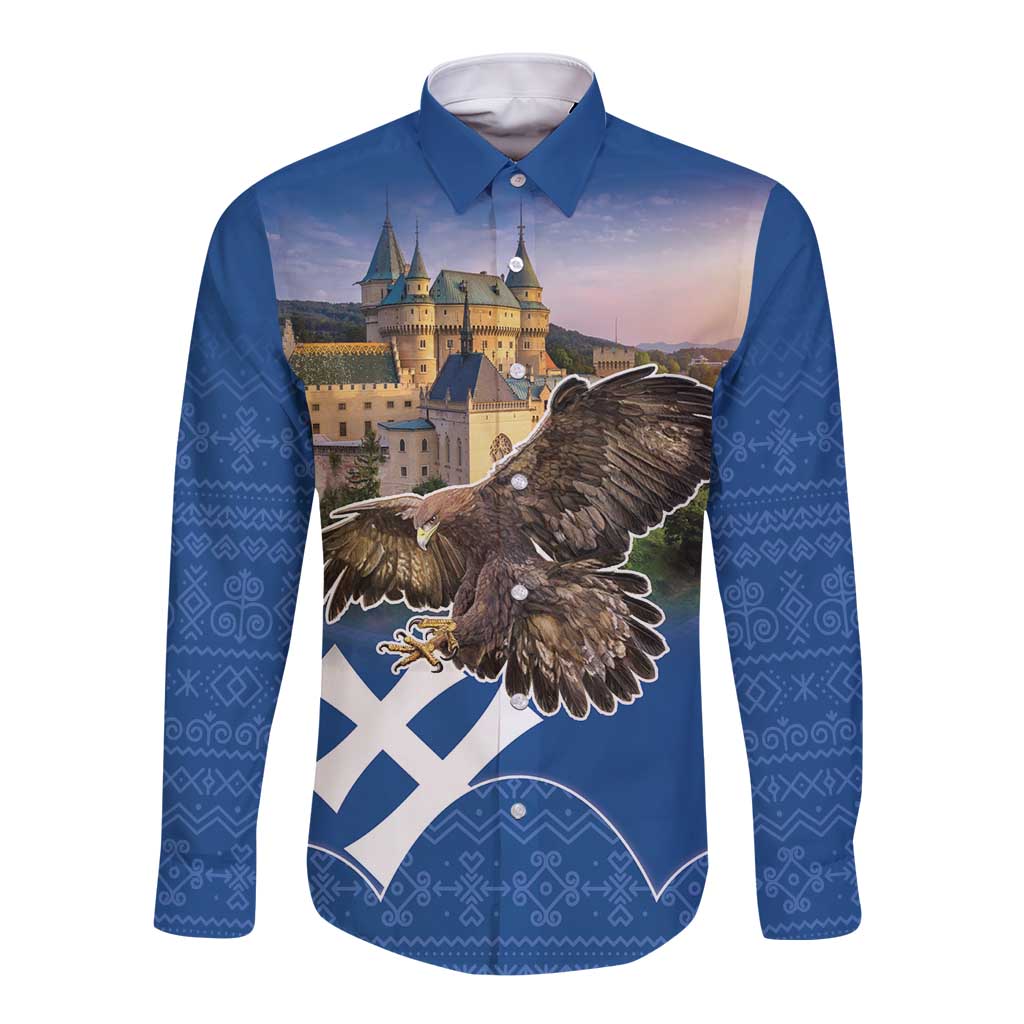 Slovakia Bojnice Castle Long Sleeve Button Shirt Golden Eagle With Slovak Pattern - Wonder Print Shop