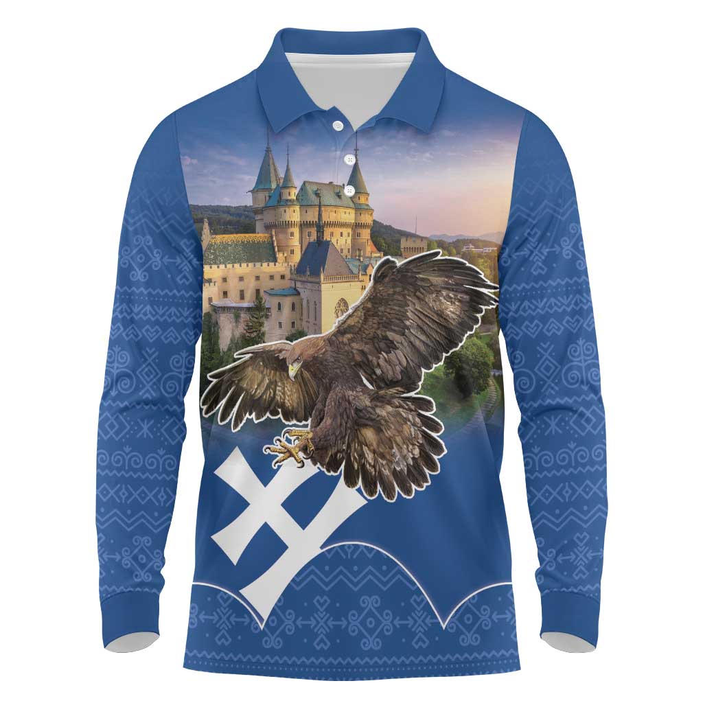 Slovakia Bojnice Castle Long Sleeve Polo Shirt Golden Eagle With Slovak Pattern - Wonder Print Shop