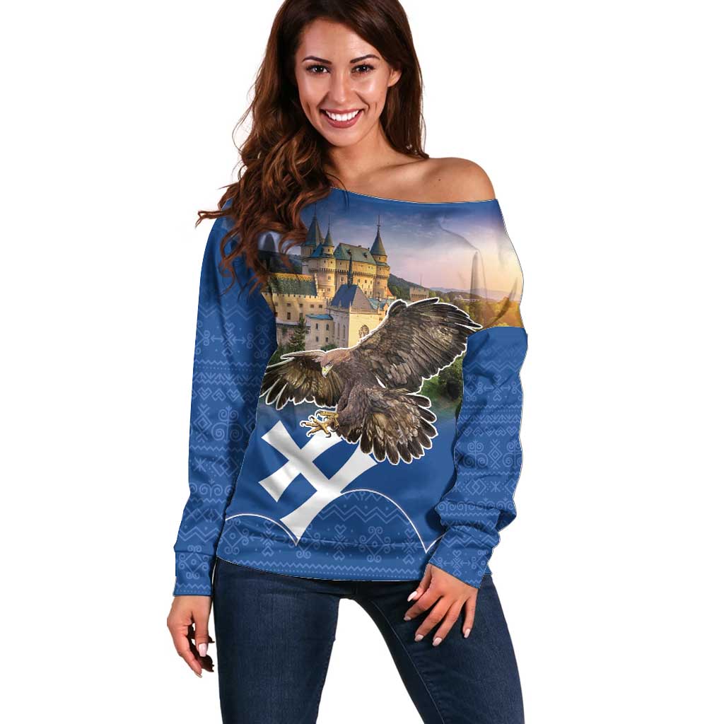 Slovakia Bojnice Castle Off Shoulder Sweater Golden Eagle With Slovak Pattern