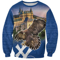 Blue unisex sweatshirt with eagle and castle graphic, plus diamond pattern
