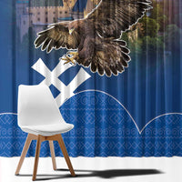 Blue curtain close-up with large eagle print, castle scene, and white Slovak-style symbol