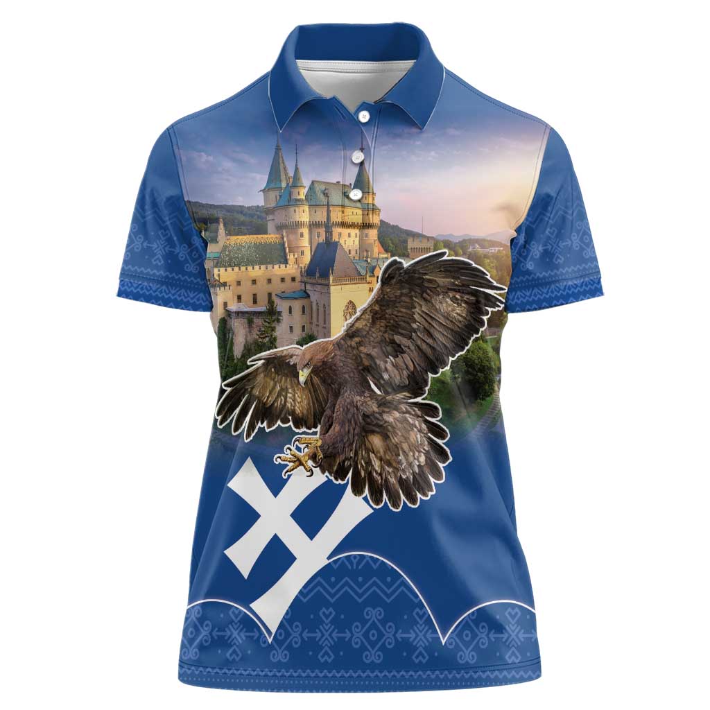 Slovakia Bojnice Castle Women Polo Shirt Golden Eagle With Slovak Pattern - Wonder Print Shop