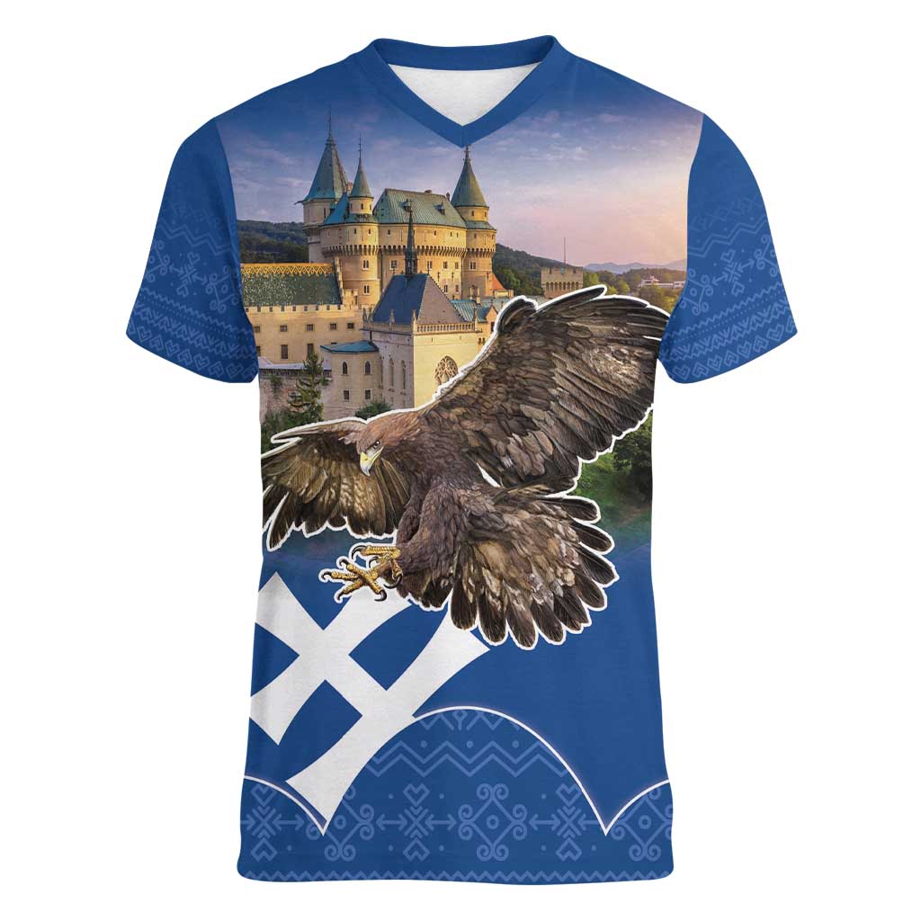 Slovakia Bojnice Castle Women V-Neck T-Shirt Golden Eagle With Slovak Pattern - Wonder Print Shop