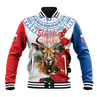 White, red, and blue baseball jacket with striped ribbed collar and deer rose graphic